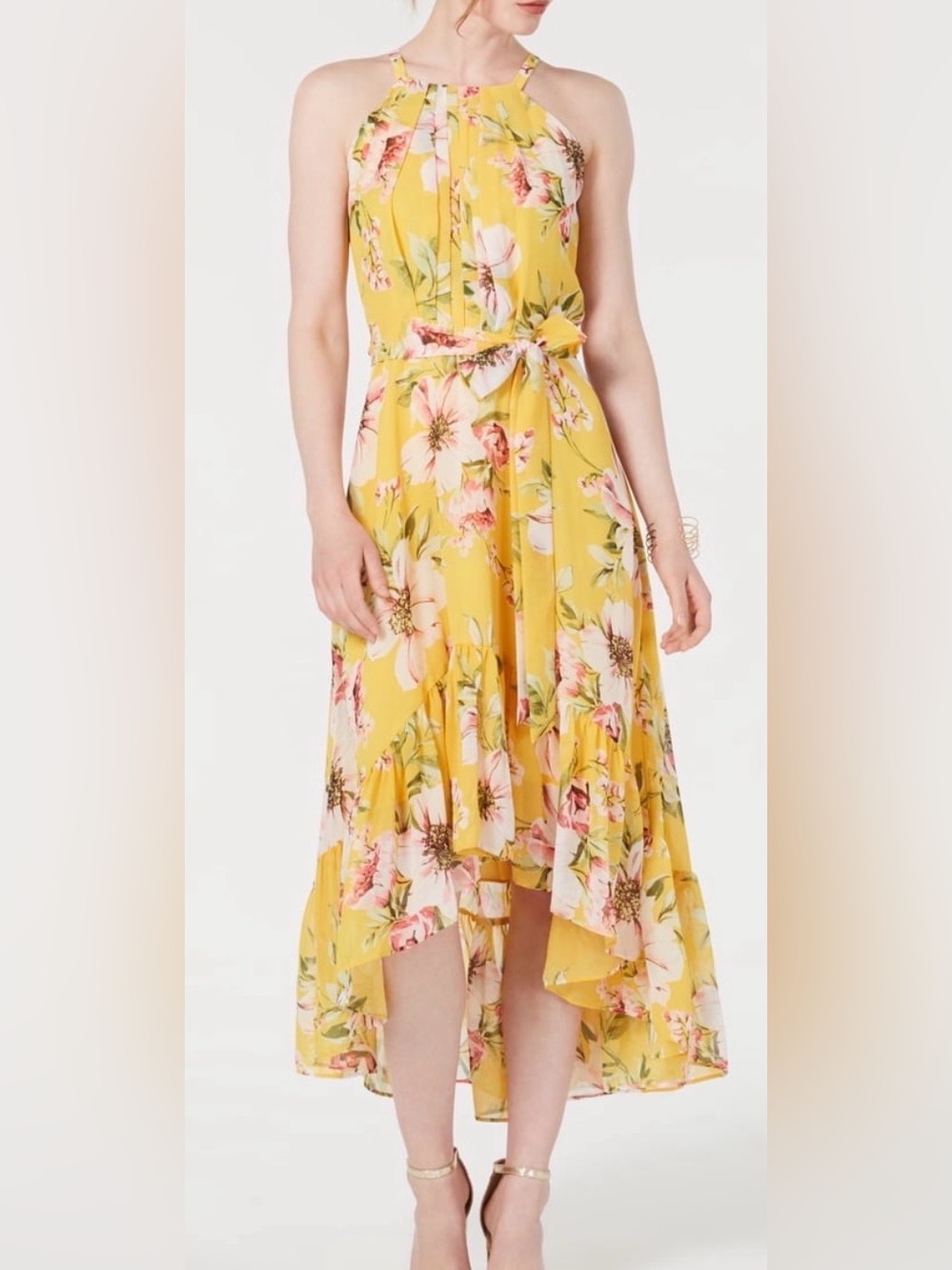 NWT Vince Camuto Yellow Floral High-Low Halter Maxi Dress with tie sash